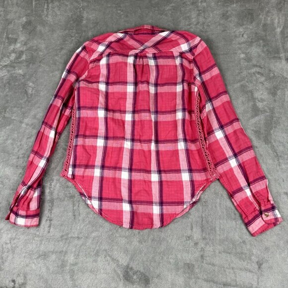 Maurices Small Pink Flannel Button Down Shirt Crochet Down Side Western Preppy - Picture 9 of 9